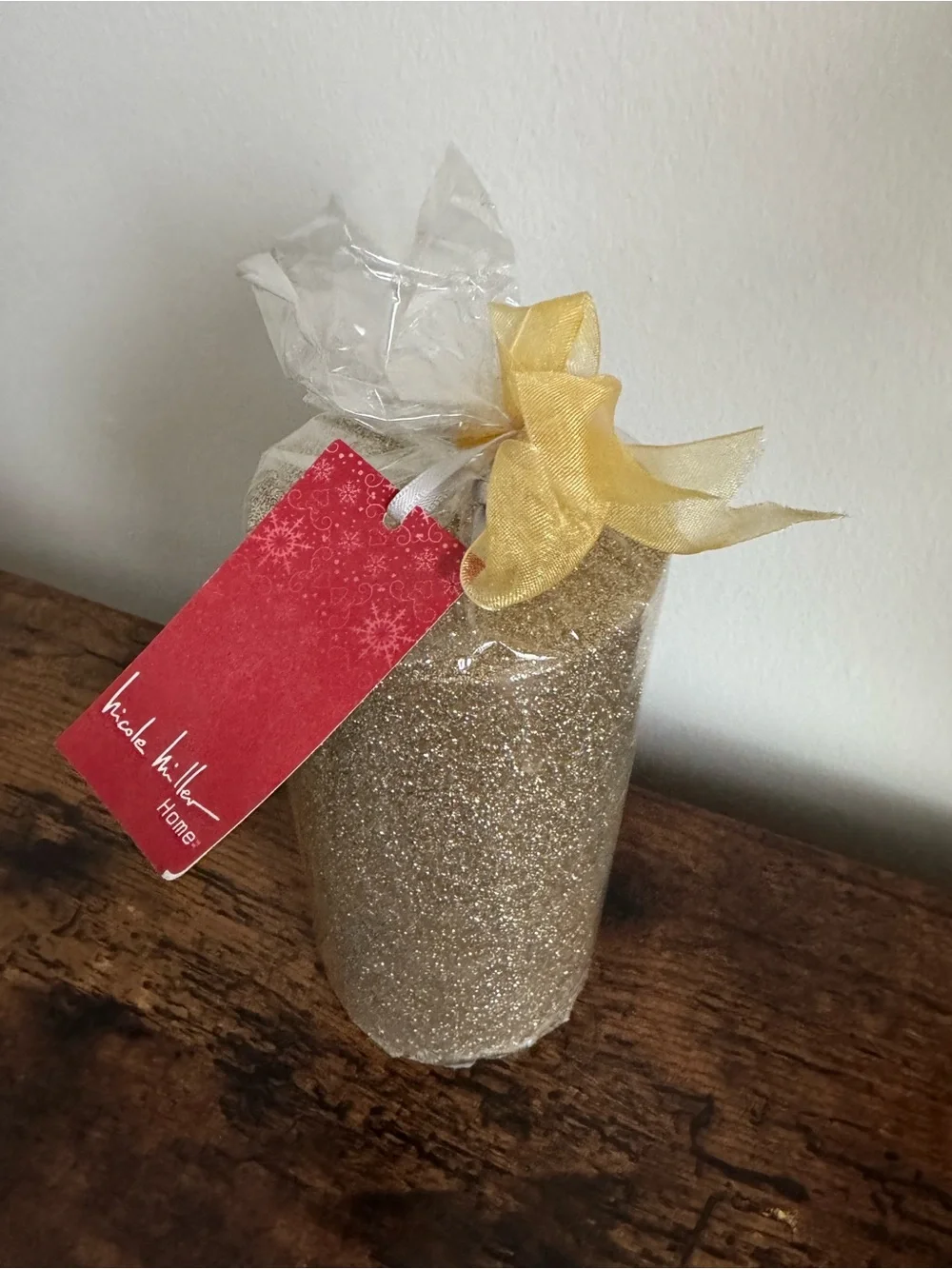 Nicole Miller Gold Glitter Pillar Candle and Trader Joe’s Candle